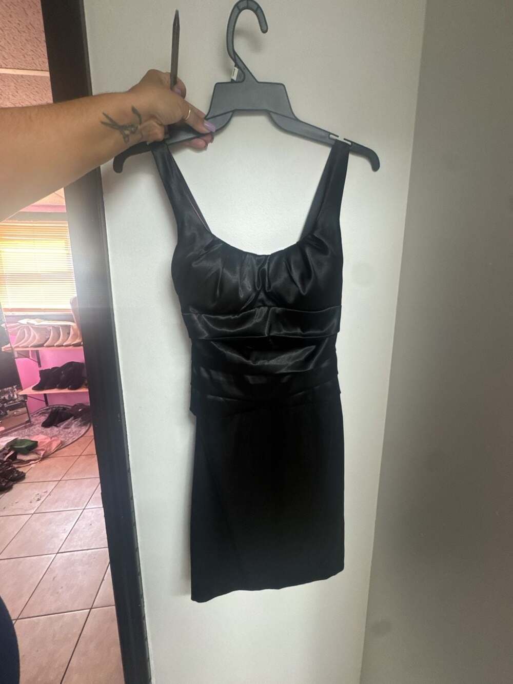 B Darlin Black Satin Ruched Sleeveless Cocktail Dress